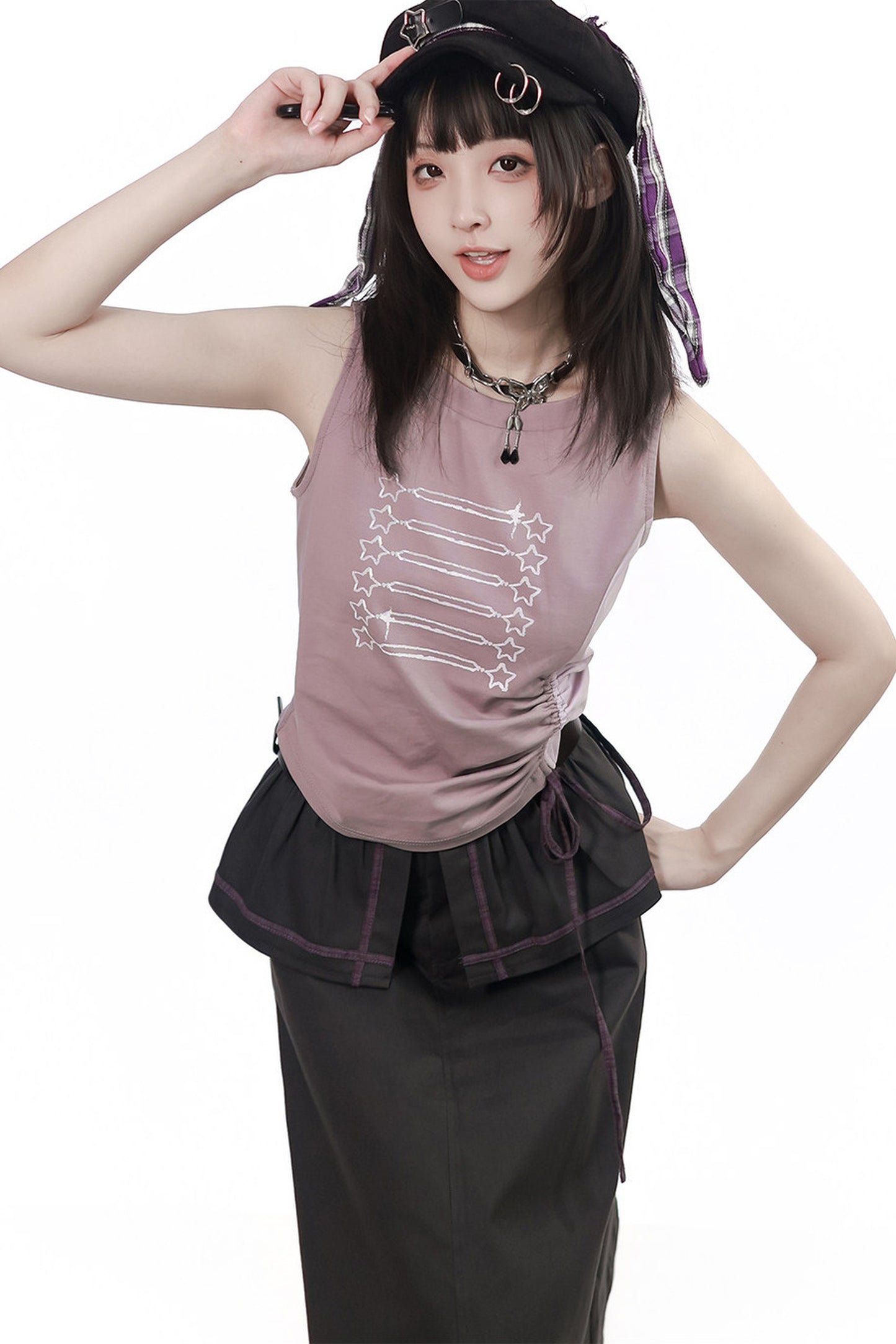 Gray-Purple T-Shirt With Skirt and Pants Set-Up