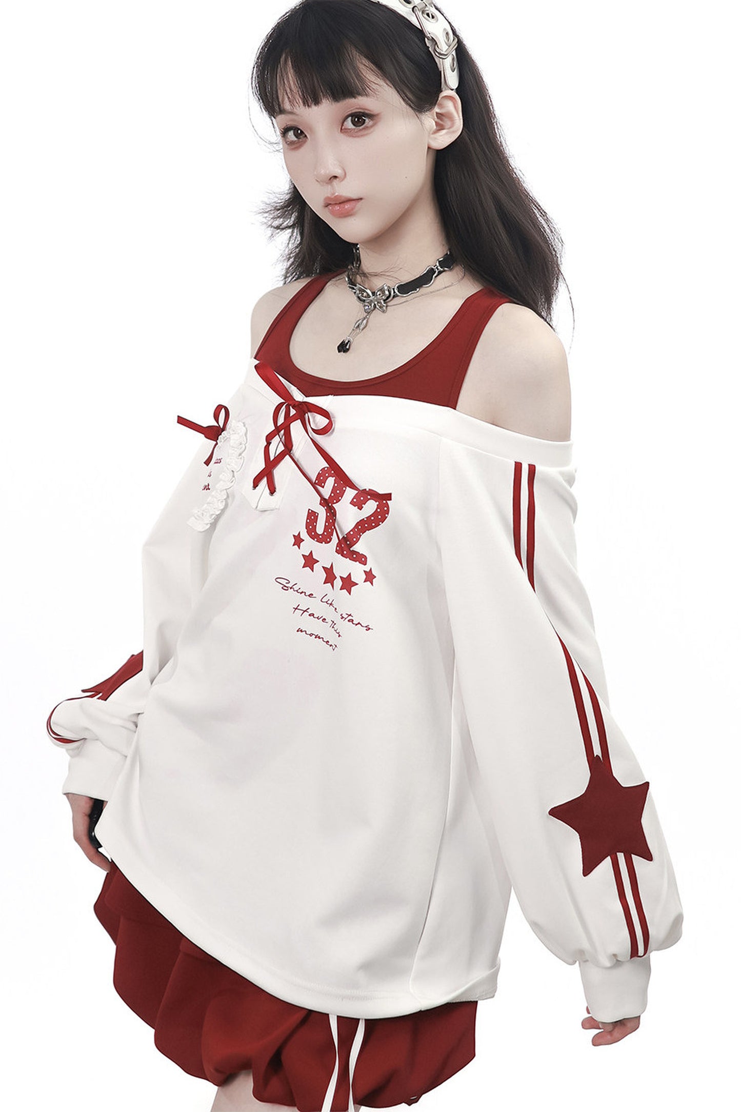 Off-Shoulder Layered Star Graphic Top & Bubble Skirt Set-Up