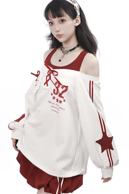Off-Shoulder Layered Star Graphic Top & Bubble Skirt Set-Up