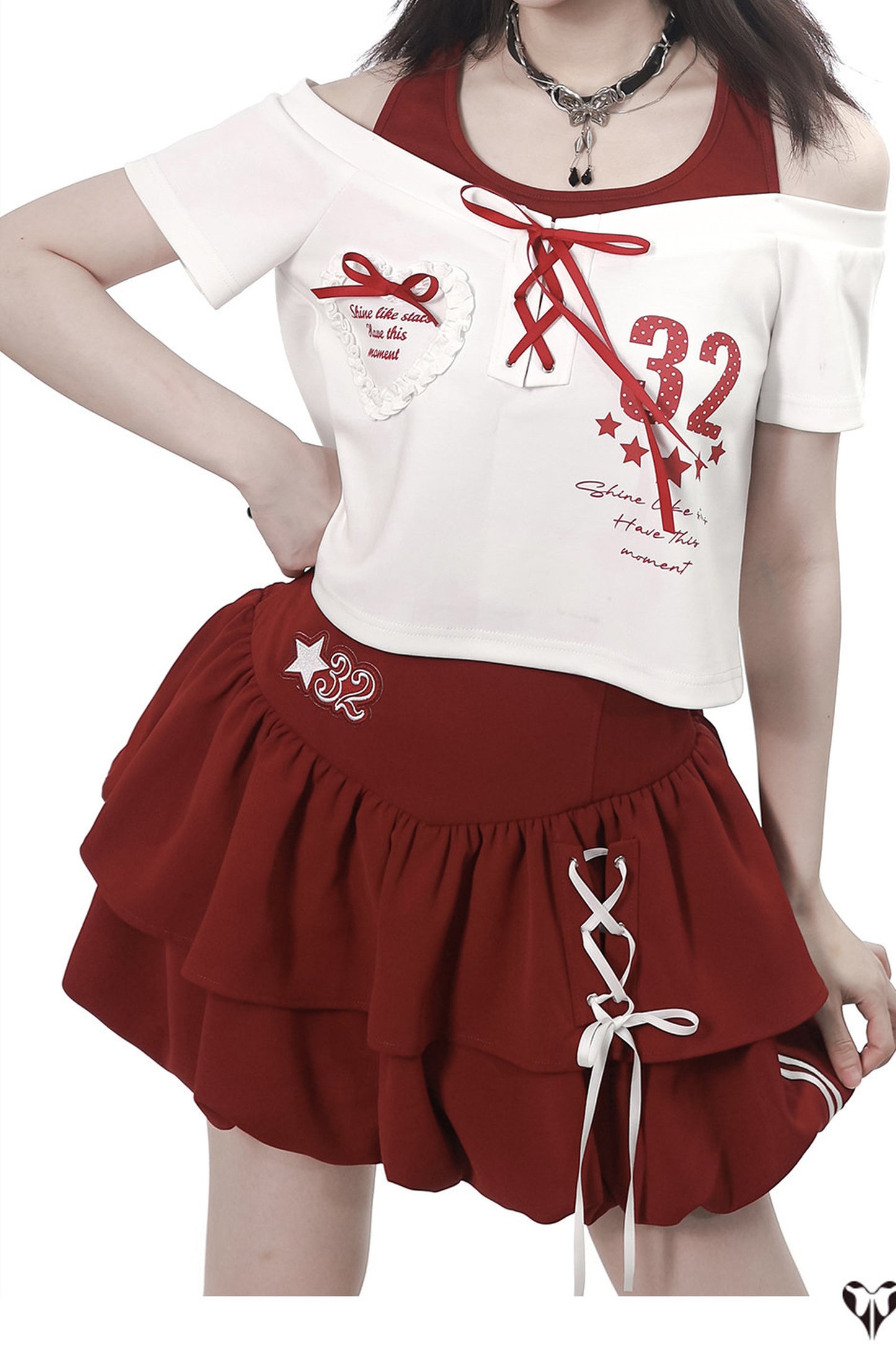 Off-Shoulder Layered Star Graphic Top & Bubble Skirt Set-Up