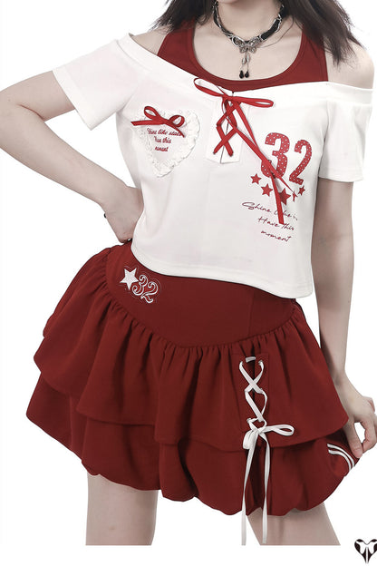 Off-Shoulder Layered Star Graphic Top & Bubble Skirt Set-Up