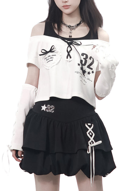 Off-Shoulder Layered Star Graphic Top & Bubble Skirt Set-Up