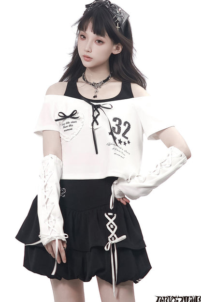 Off-Shoulder Layered Star Graphic Top & Bubble Skirt Set-Up