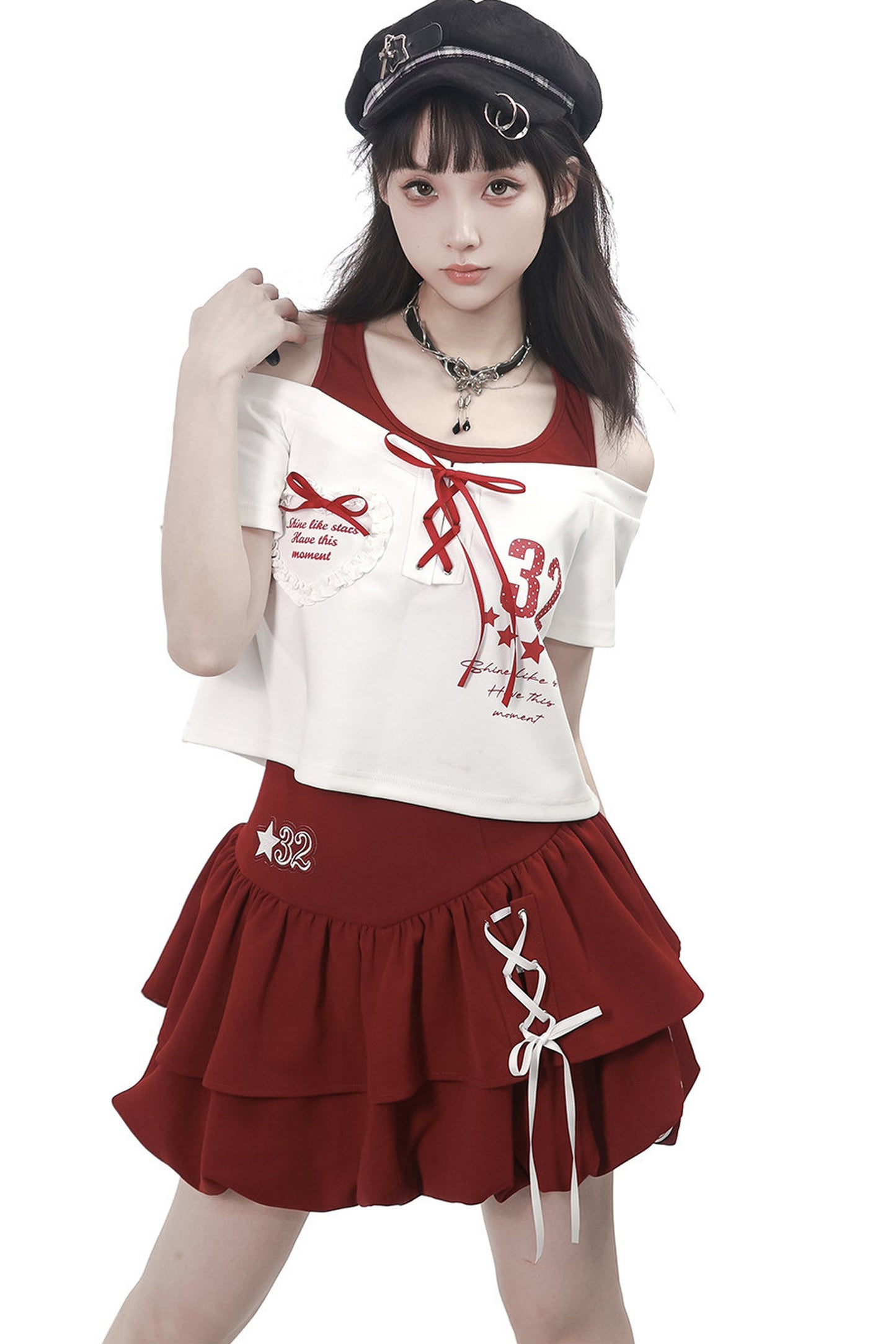 Off-Shoulder Layered Star Graphic Top & Bubble Skirt Set-Up