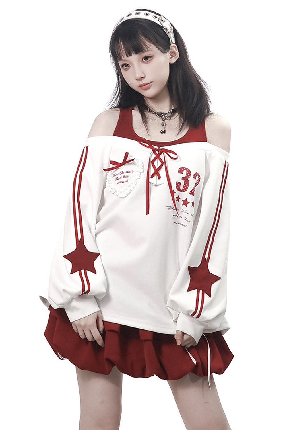 Off-Shoulder Layered Star Graphic Top & Bubble Skirt Set-Up