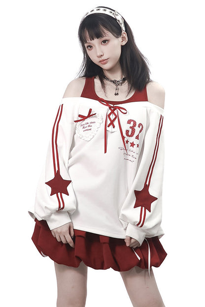 Off-Shoulder Layered Star Graphic Top & Bubble Skirt Set-Up