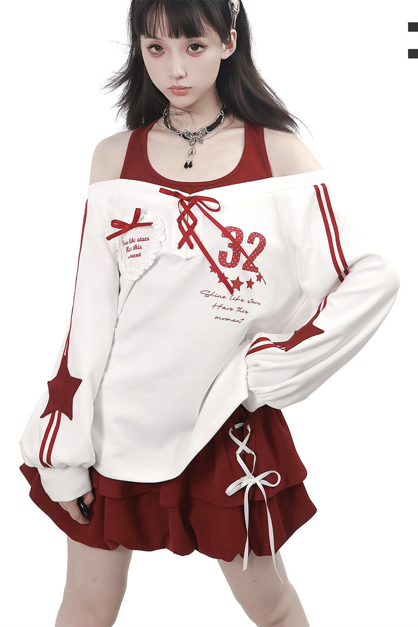 Off-Shoulder Layered Star Graphic Top & Bubble Skirt Set-Up