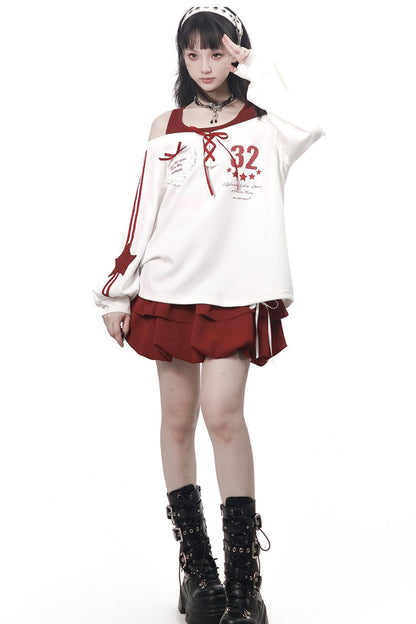 Off-Shoulder Layered Star Graphic Top & Bubble Skirt Set-Up