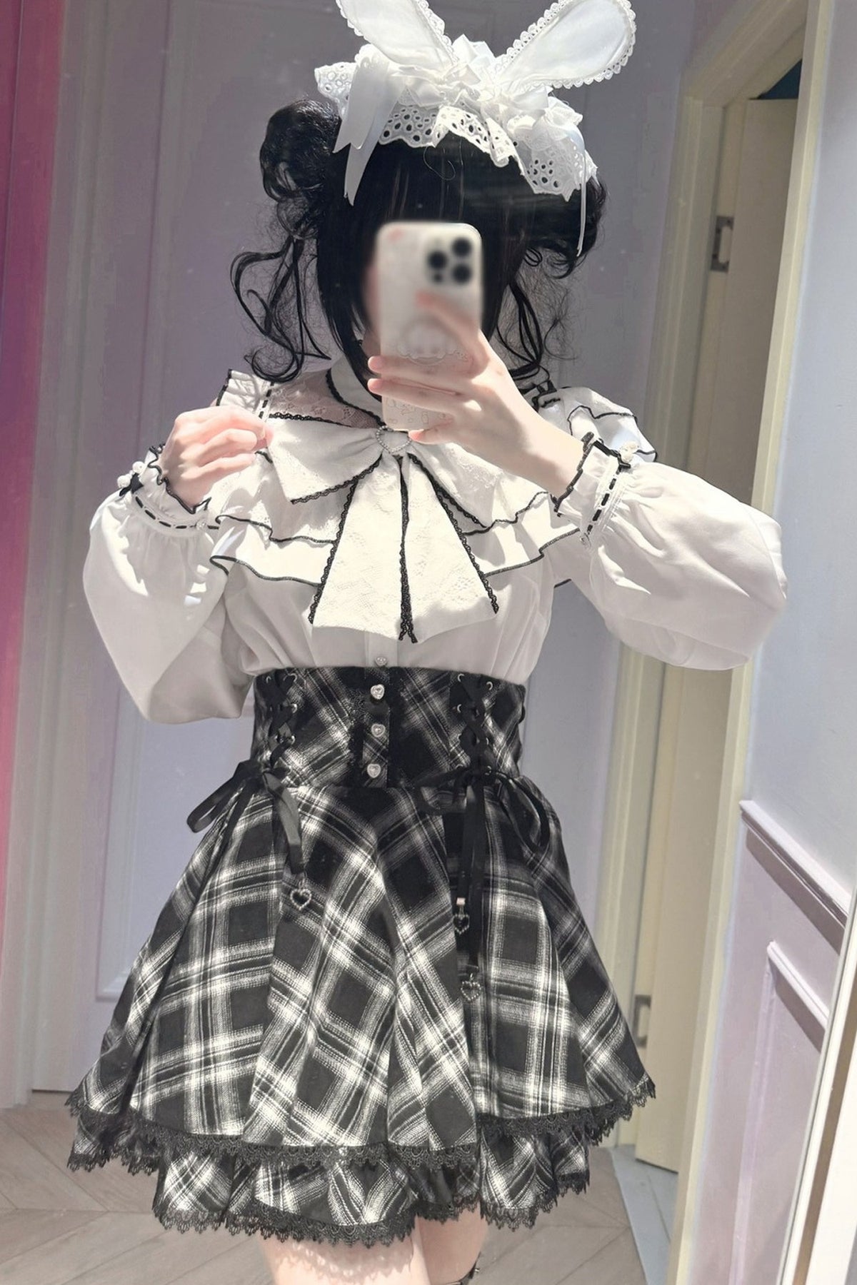 Long-Sleeved Lace Plaid Half Skirt and Top Set-Up