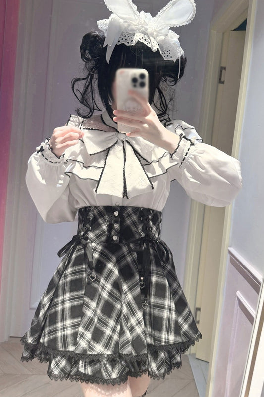 Long-Sleeved Lace Plaid Half Skirt and Top Set-Up