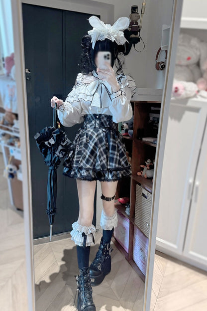 Long-Sleeved Lace Plaid Half Skirt and Top Set-Up