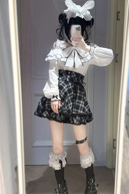 Long-Sleeved Lace Plaid Half Skirt and Top Set-Up