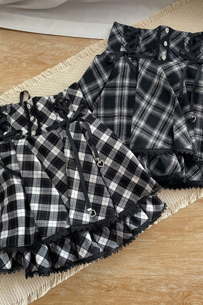 Long-Sleeved Lace Plaid Half Skirt and Top Set-Up