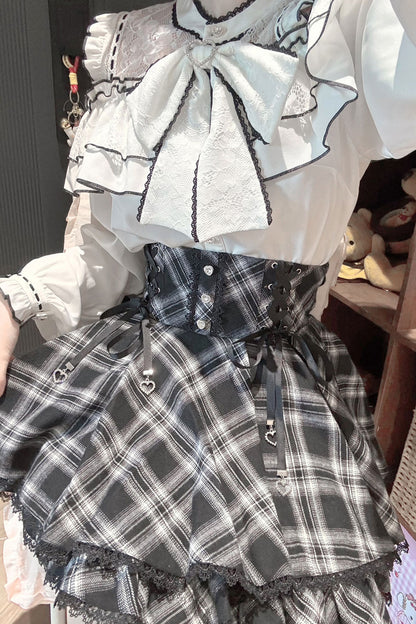 Long-Sleeved Lace Plaid Half Skirt and Top Set-Up