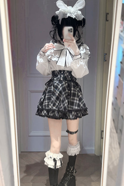 Long-Sleeved Lace Plaid Half Skirt and Top Set-Up