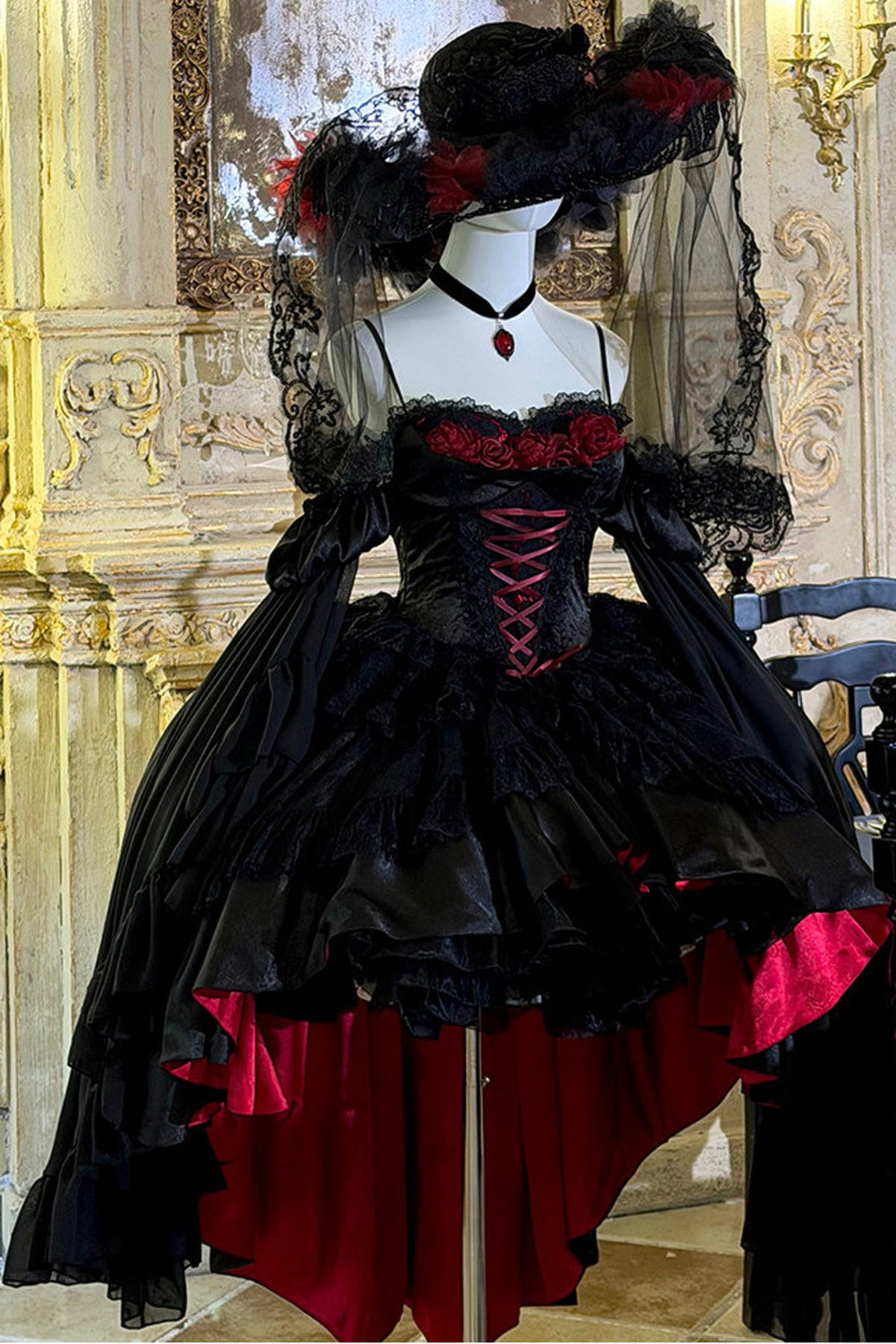 Gothic Red Black Evening Dress