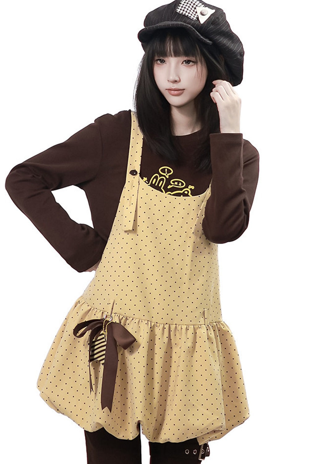 Polka Dot Floral Bud Suspender Dress and Long Sleeve Set-Up