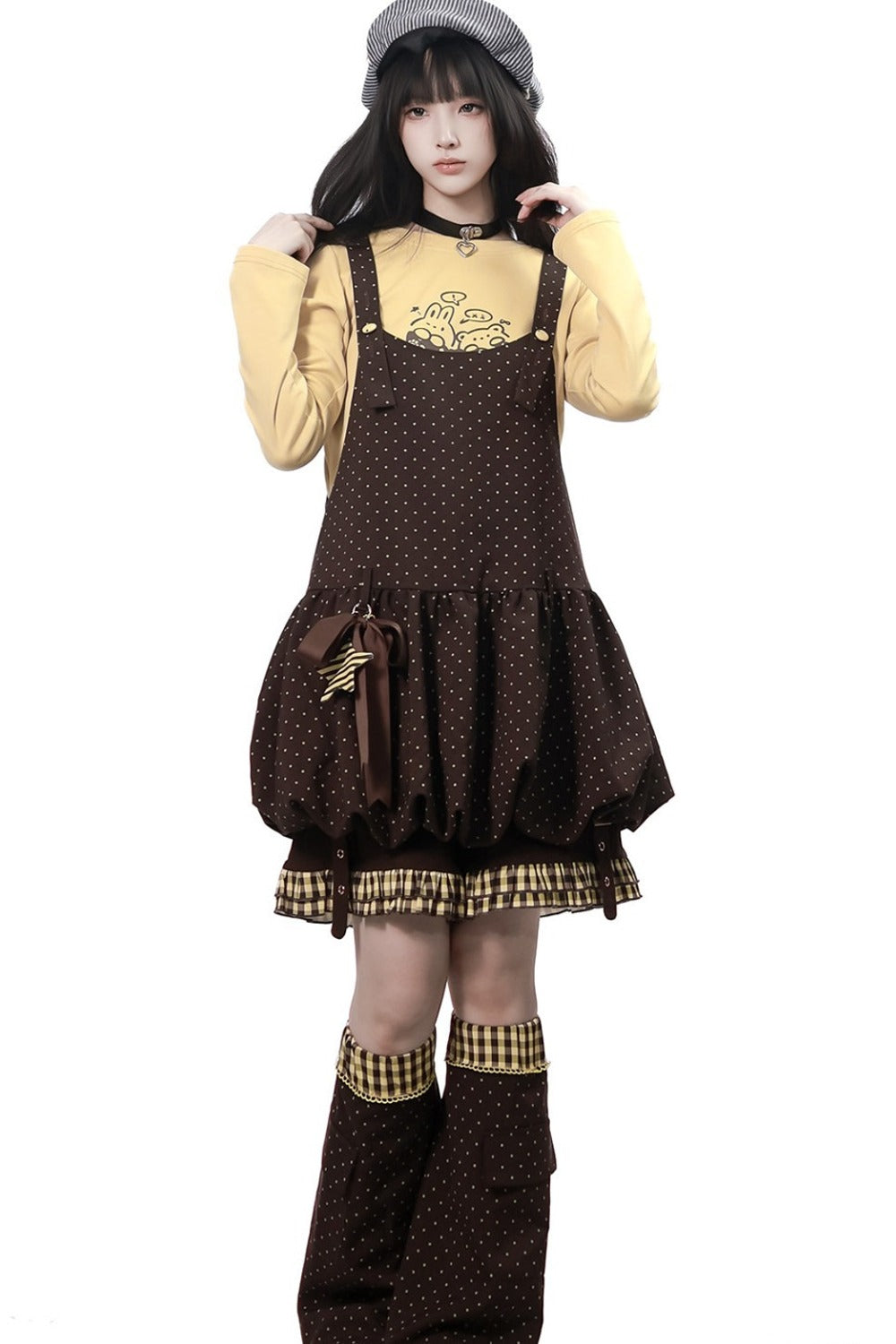 Polka Dot Floral Bud Suspender Dress and Long Sleeve Set-Up