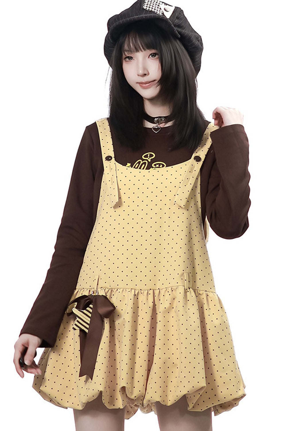 Polka Dot Floral Bud Suspender Dress and Long Sleeve Set-Up