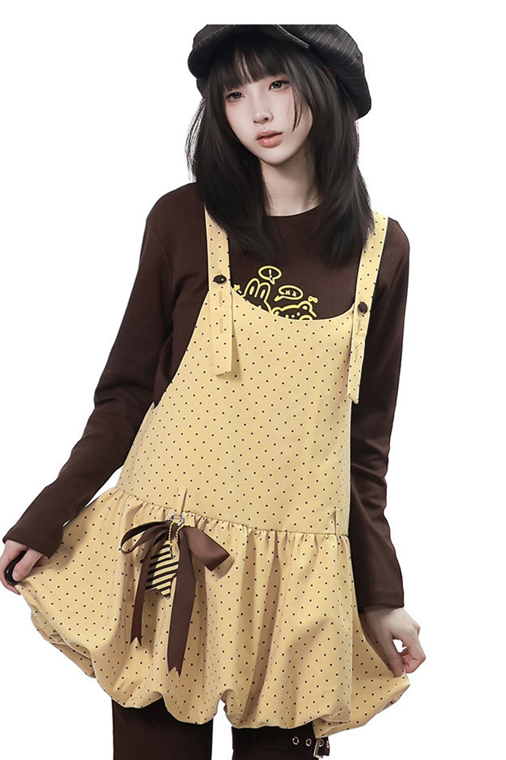 Polka Dot Floral Bud Suspender Dress and Long Sleeve Set-Up