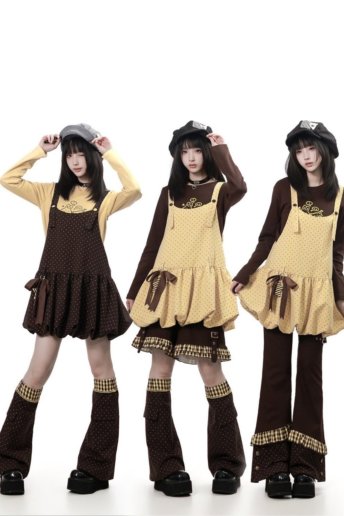 Polka Dot Floral Bud Suspender Dress and Long Sleeve Set-Up