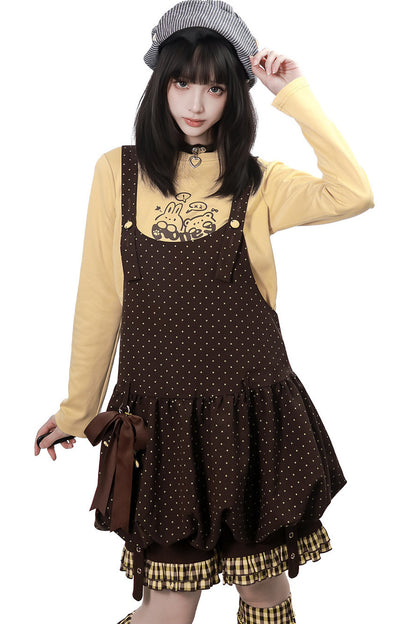 Polka Dot Floral Bud Suspender Dress and Long Sleeve Set-Up