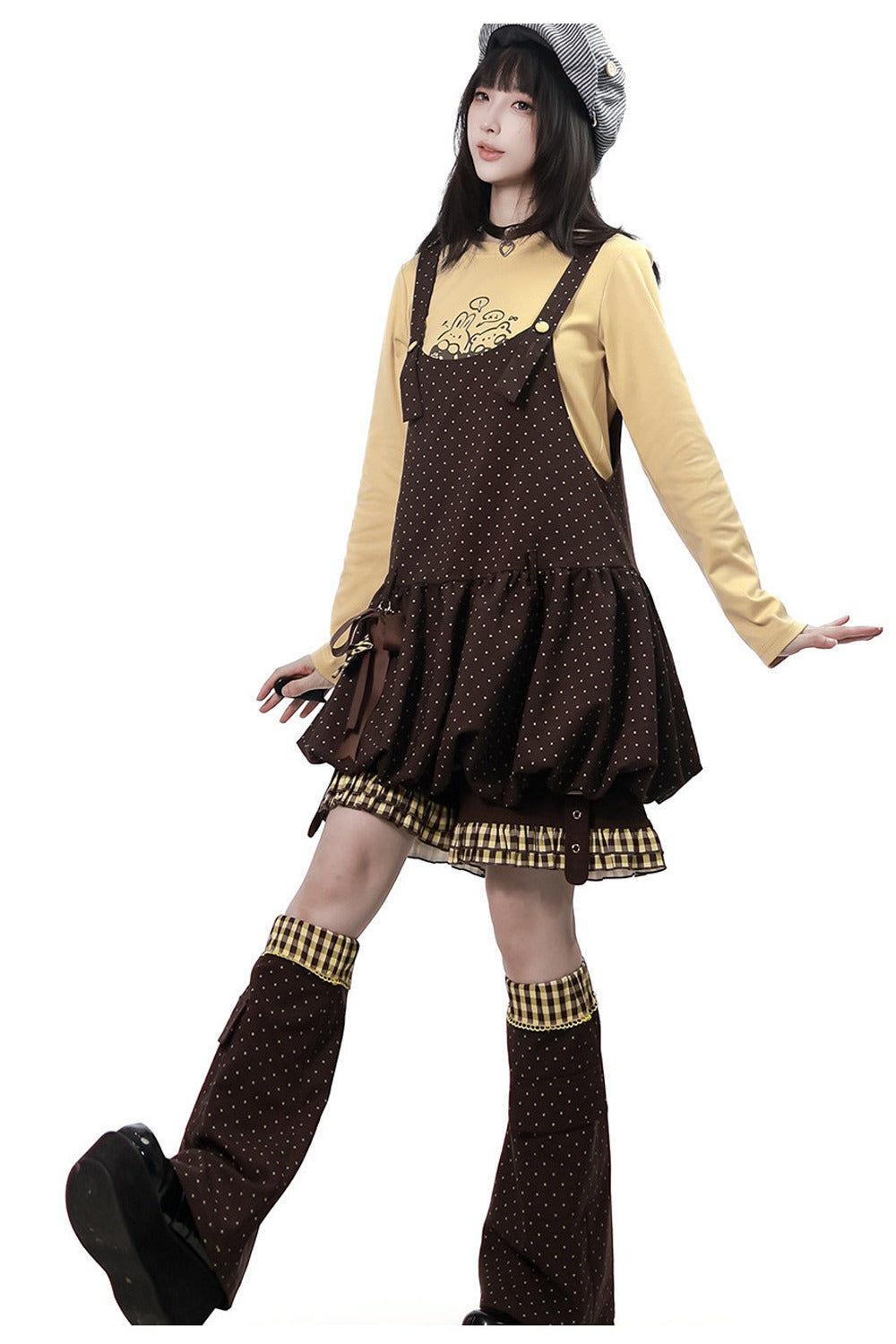 Polka Dot Floral Bud Suspender Dress and Long Sleeve Set-Up