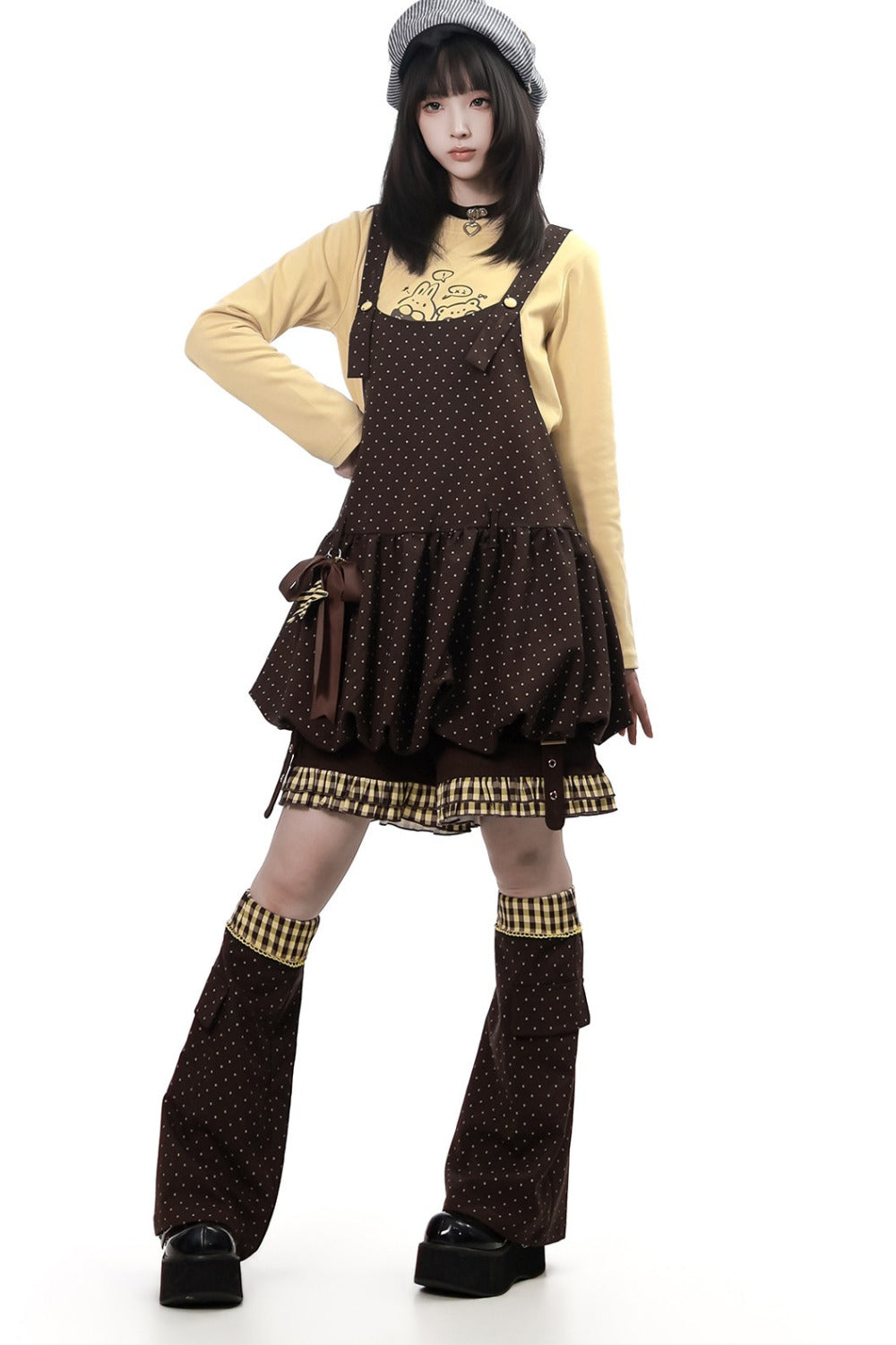 Polka Dot Floral Bud Suspender Dress and Long Sleeve Set-Up