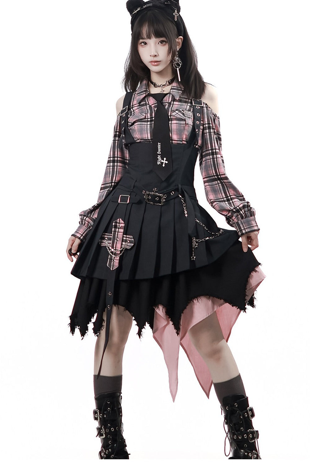 Retro Plaid Off-Shoulder Shirt and Suspender Skirt Set-Up