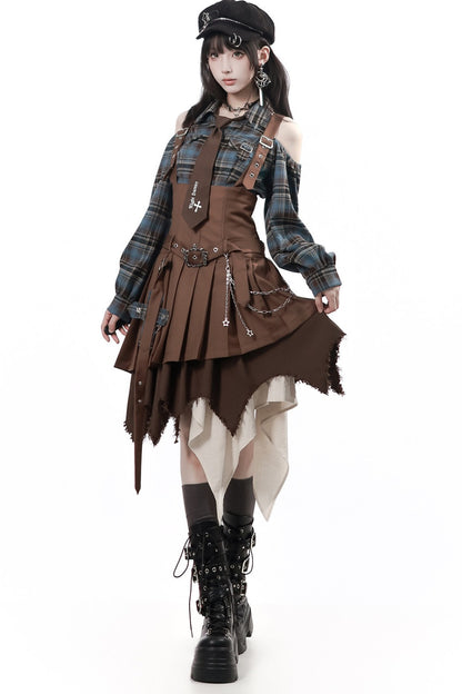 Retro Plaid Off-Shoulder Shirt and Suspender Skirt Set-Up