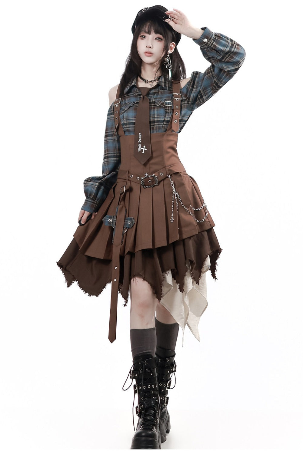 Retro Plaid Off-Shoulder Shirt and Suspender Skirt Set-Up