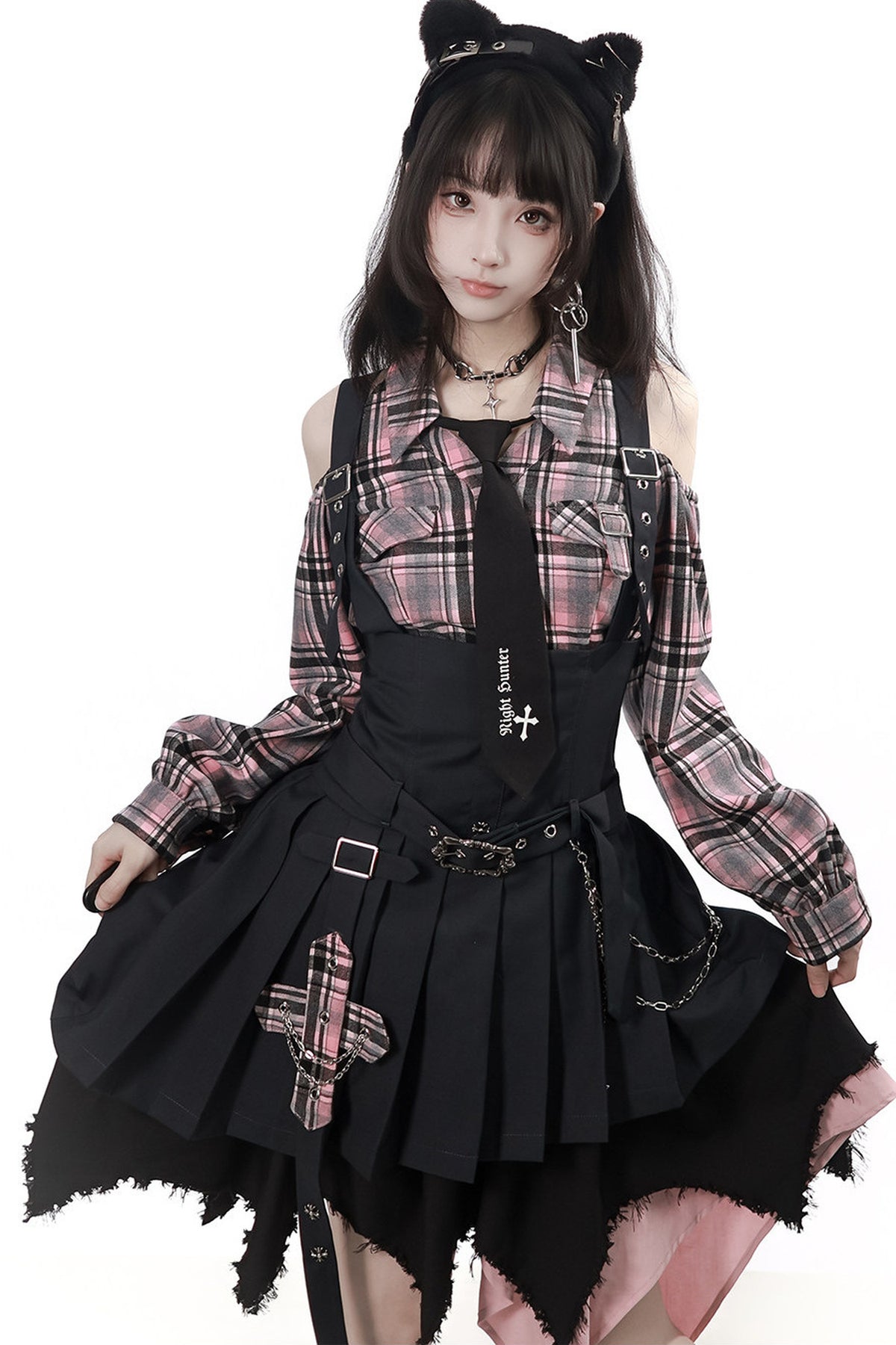 Retro Plaid Off-Shoulder Shirt and Suspender Skirt Set-Up