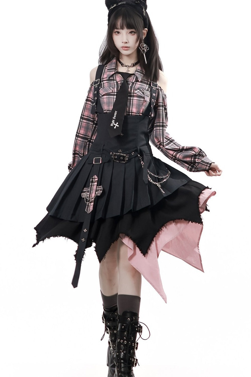 Retro Plaid Off-Shoulder Shirt and Suspender Skirt Set-Up