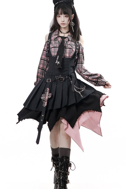 Retro Plaid Off-Shoulder Shirt and Suspender Skirt Set-Up