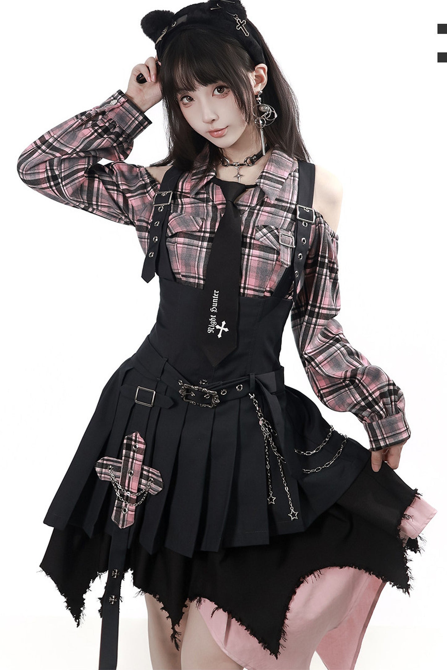Retro Plaid Off-Shoulder Shirt and Suspender Skirt Set-Up