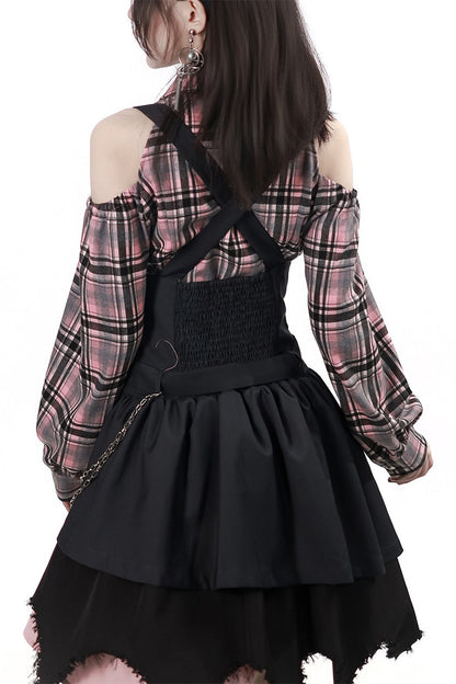 Retro Plaid Off-Shoulder Shirt and Suspender Skirt Set-Up