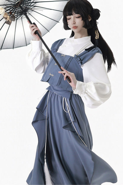 Blaues neues Set aus chinesisch inspiriertem, mehrlagigem asymmetrischem Hemd und langem Rock