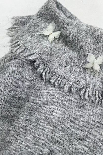 Gray Off-Shoulder Bow Sweater