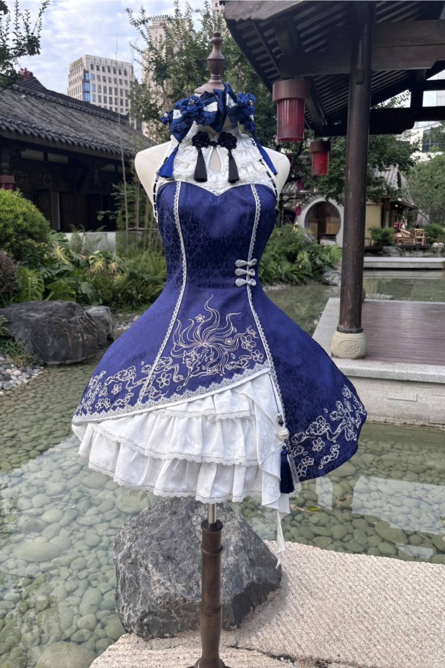 [Reservierungsschluss 109] Dunkelblaue und weiße Gothic-Chinese-Lolita-Accessoire-Serie mit gesticktem neunschwänzigem Fuchs