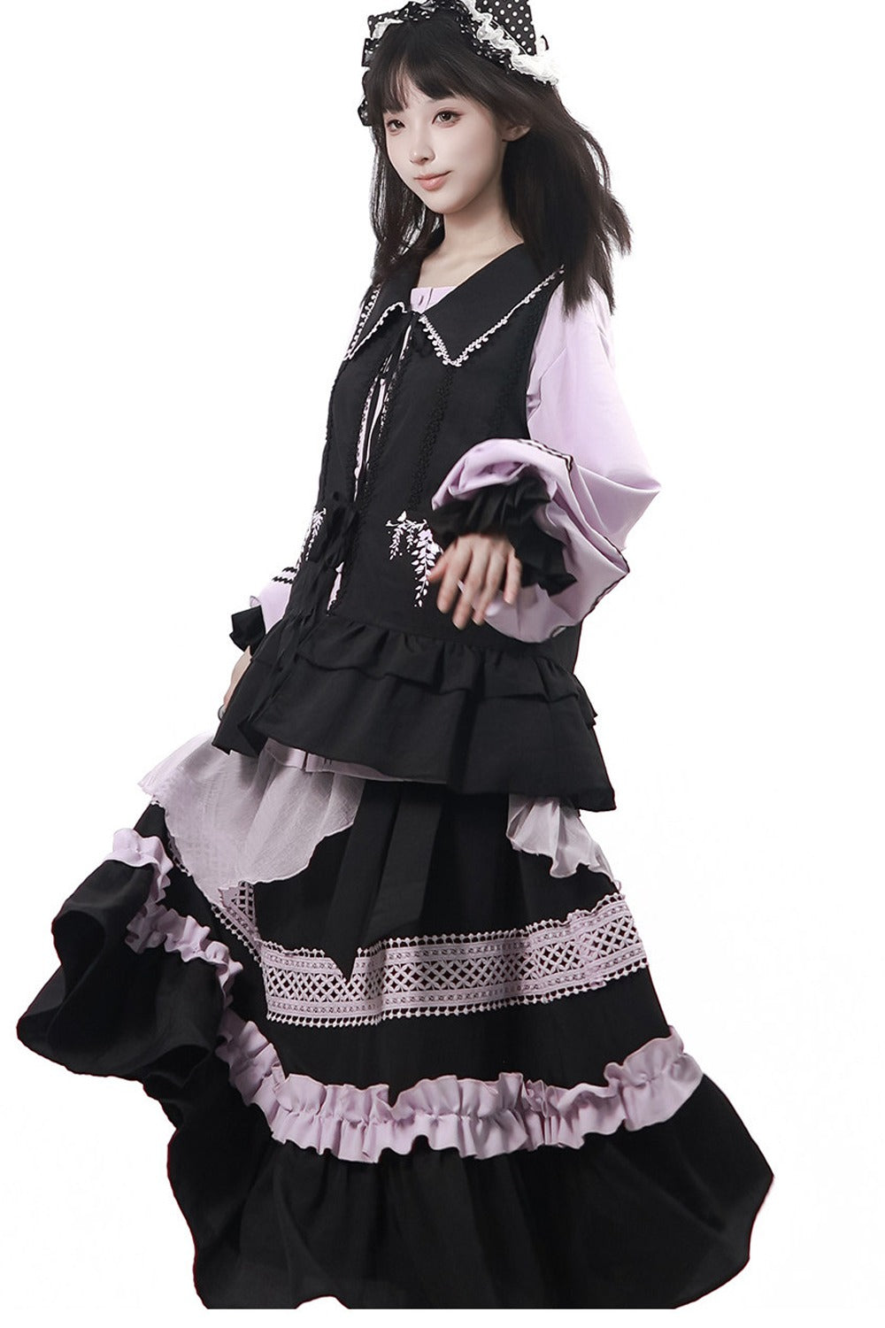 Purple Black Vine Flower Waist-Cinching Vest With Skirt and Jacket Set-Up