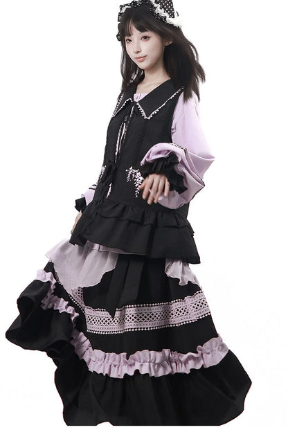 Purple Black Vine Flower Waist-Cinching Vest With Skirt and Jacket Set-Up