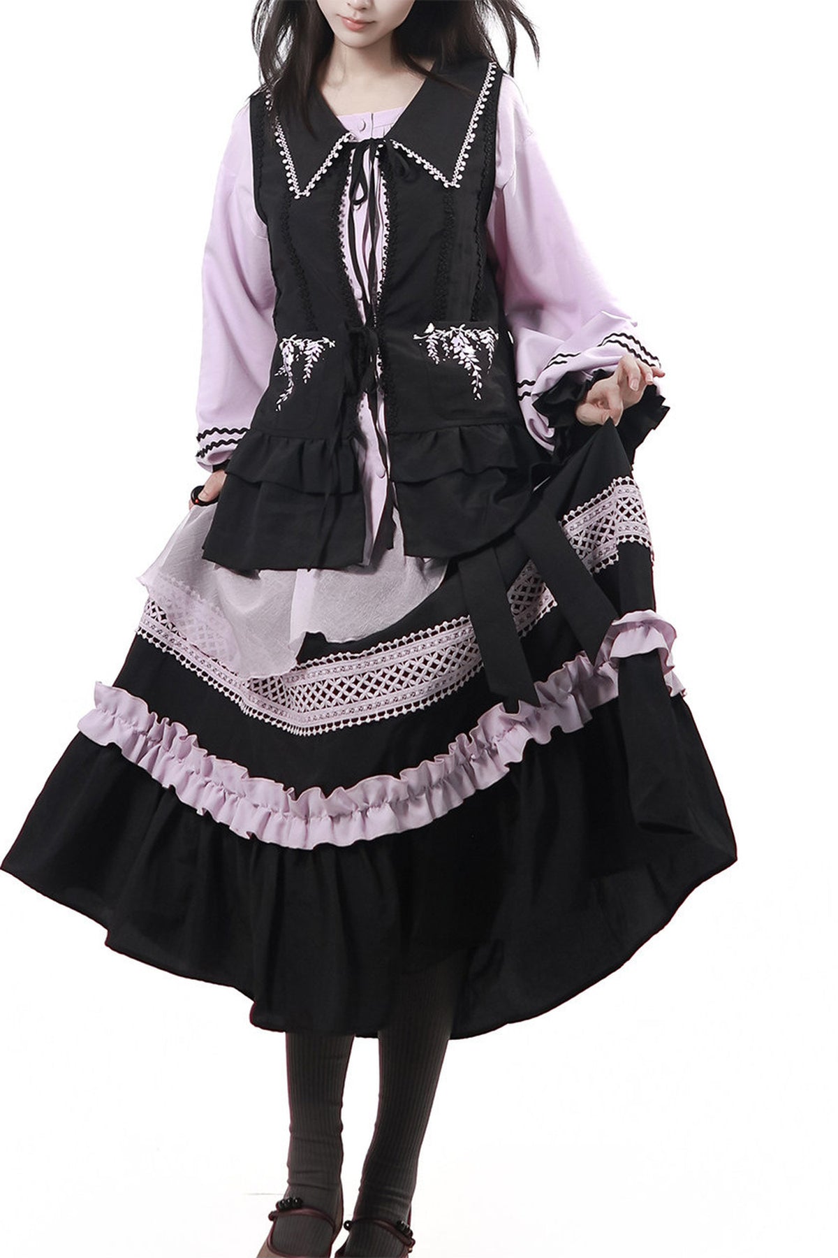 Purple Black Vine Flower Waist-Cinching Vest With Skirt and Jacket Set-Up