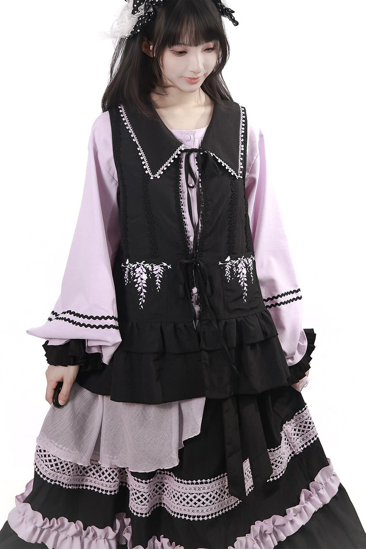 Purple Black Vine Flower Waist-Cinching Vest With Skirt and Jacket Set-Up