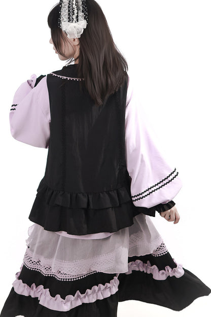 Purple Black Vine Flower Waist-Cinching Vest With Skirt and Jacket Set-Up