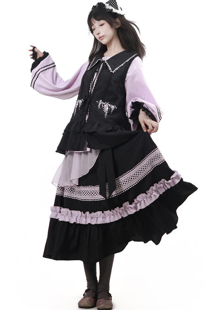 Purple Black Vine Flower Waist-Cinching Vest With Skirt and Jacket Set-Up