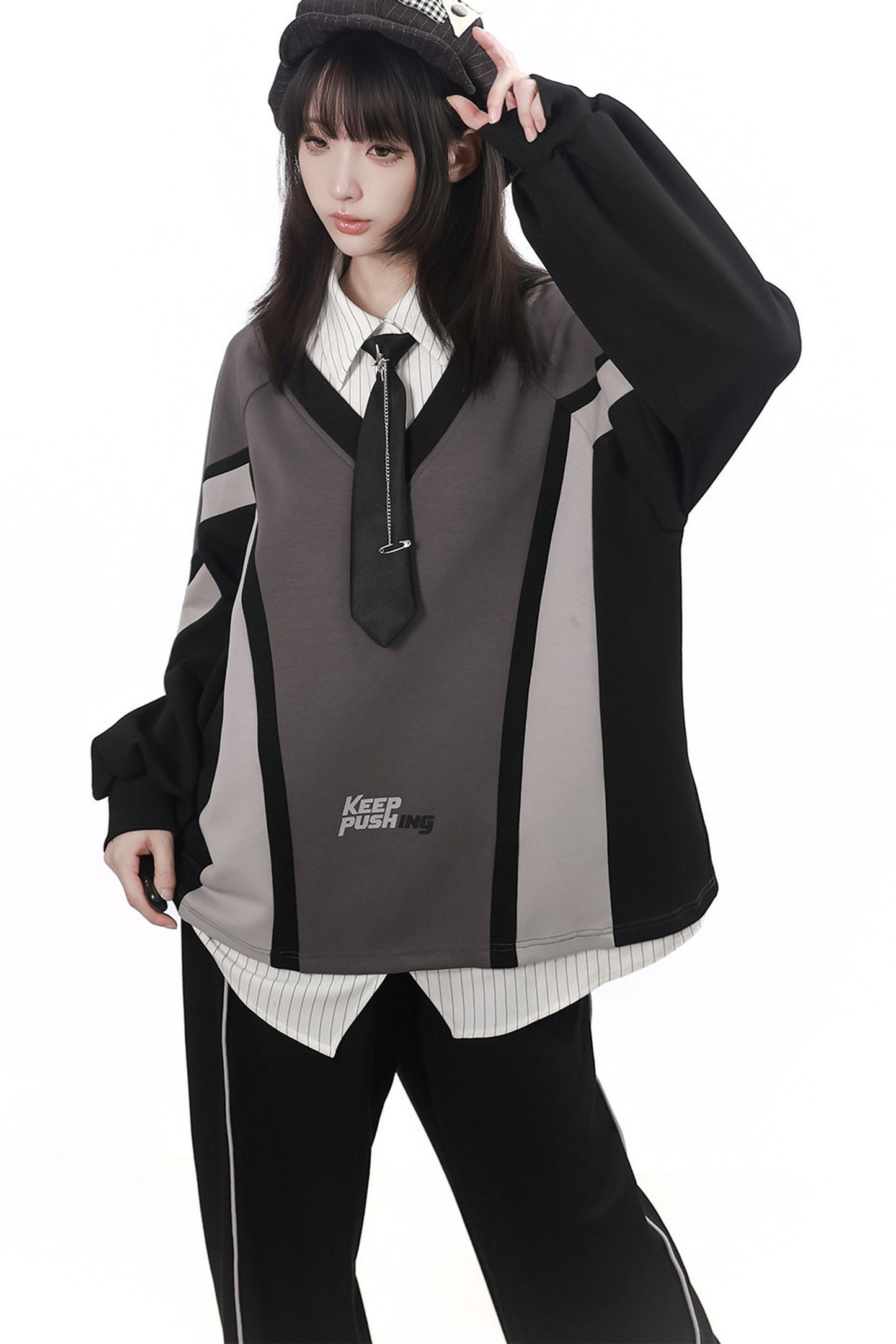 Black Gray Color Block Chain Tie Sweatshirt And Pants Set-Up