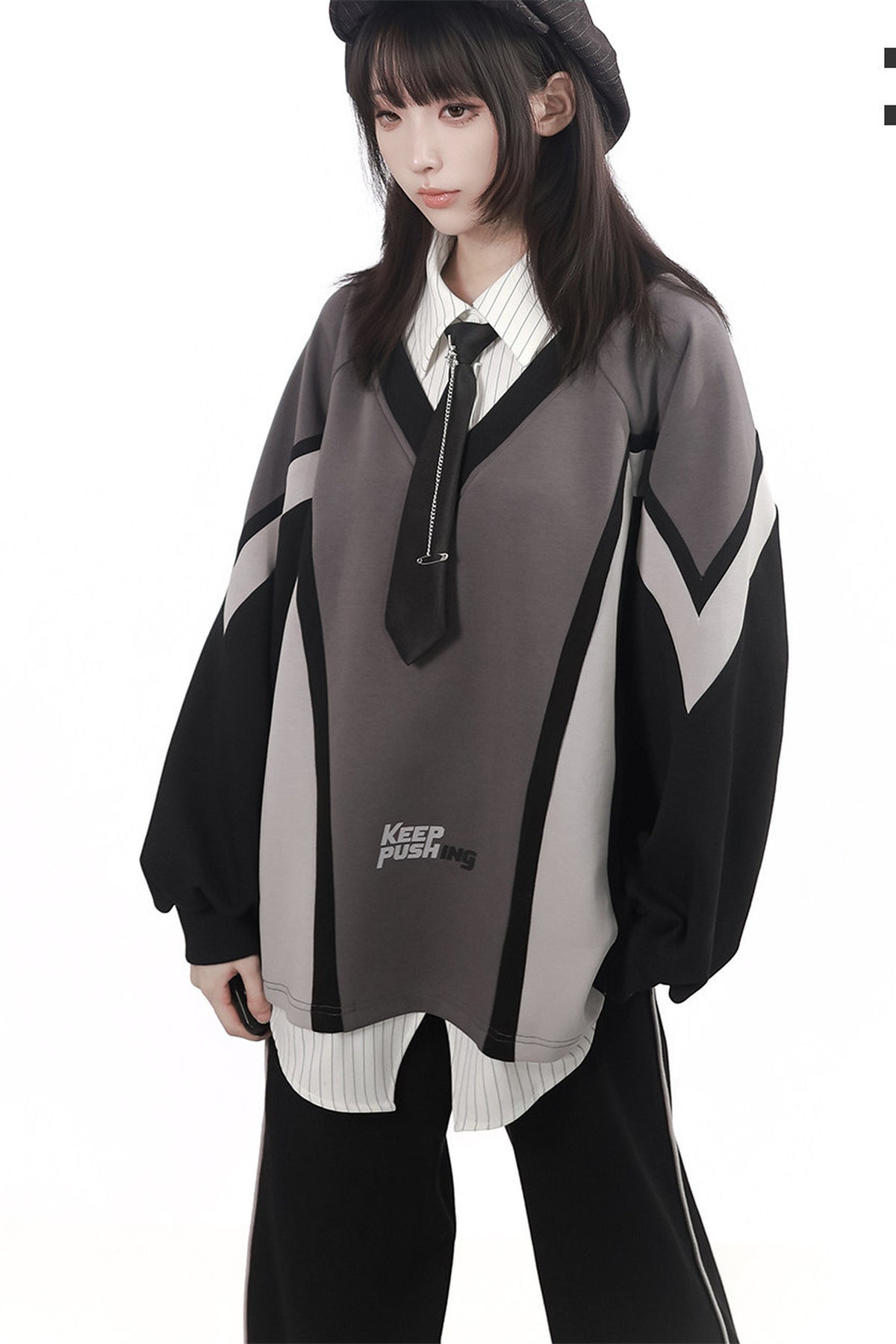 Black Gray Color Block Chain Tie Sweatshirt And Pants Set-Up