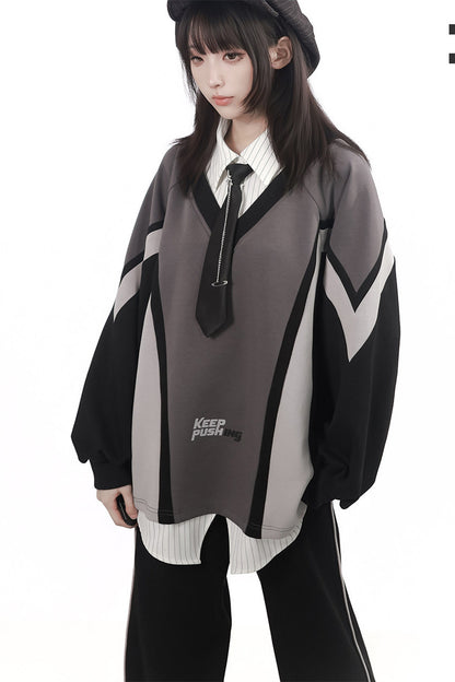 Black Gray Color Block Chain Tie Sweatshirt And Pants Set-Up