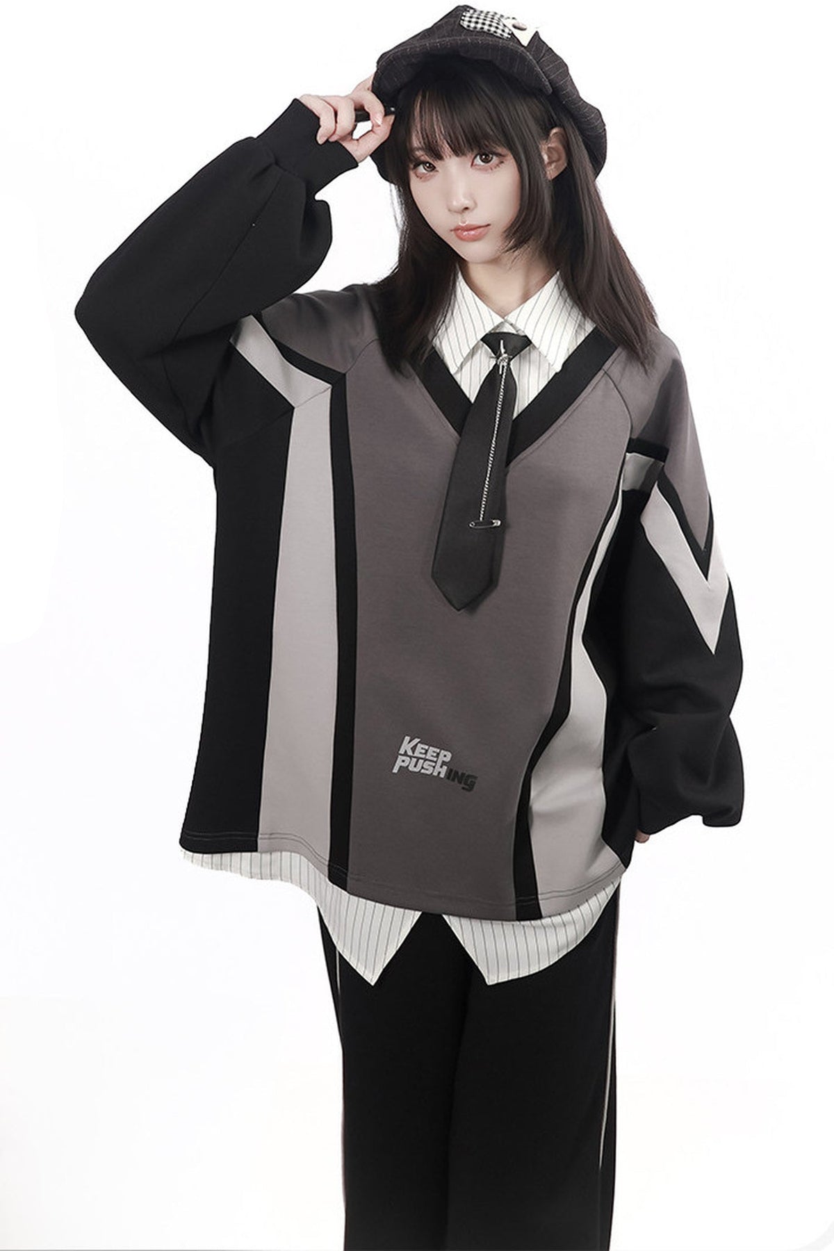 Black Gray Color Block Chain Tie Sweatshirt And Pants Set-Up
