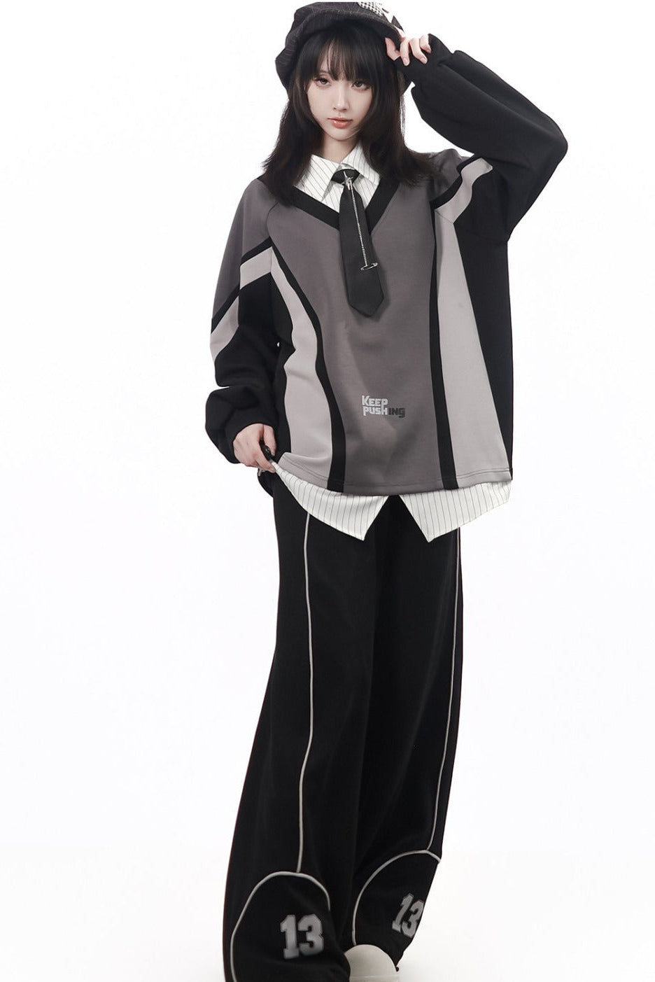 Black Gray Color Block Chain Tie Sweatshirt And Pants Set-Up